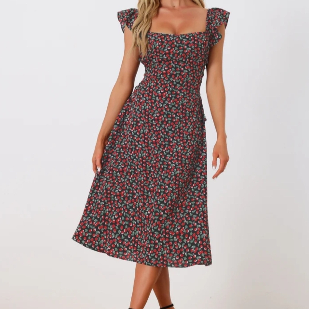 Allegra K Red Floral Cherry Print Midi Sundress XS Feminine Spring Summer Boho